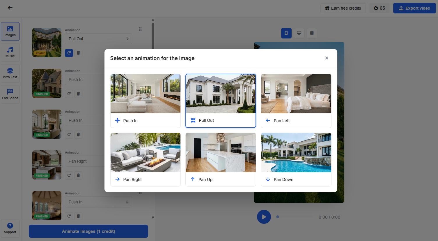 Select an animation for the image: camera motion options (Push In, Pull Out, Pan Left, Pan Right, Pan Up, Pan Down)